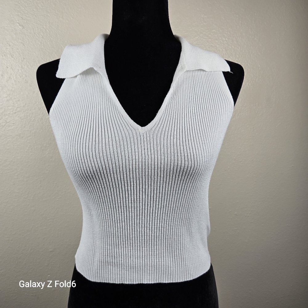 Major Label White Ribbed Knit Collared Sleeveless Crop Top Small Old Money Quiet